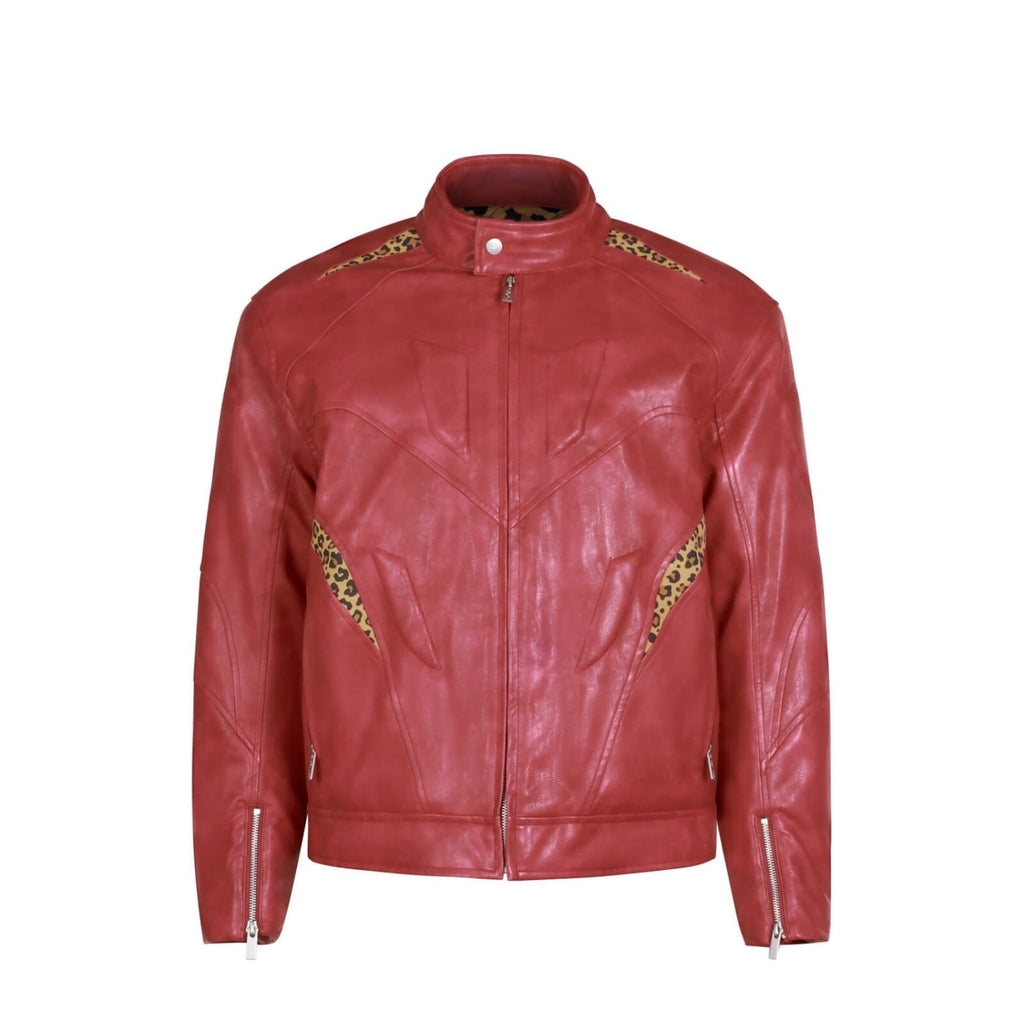 S45 Leopard Print Patchwork PU Leather Biker Jacket