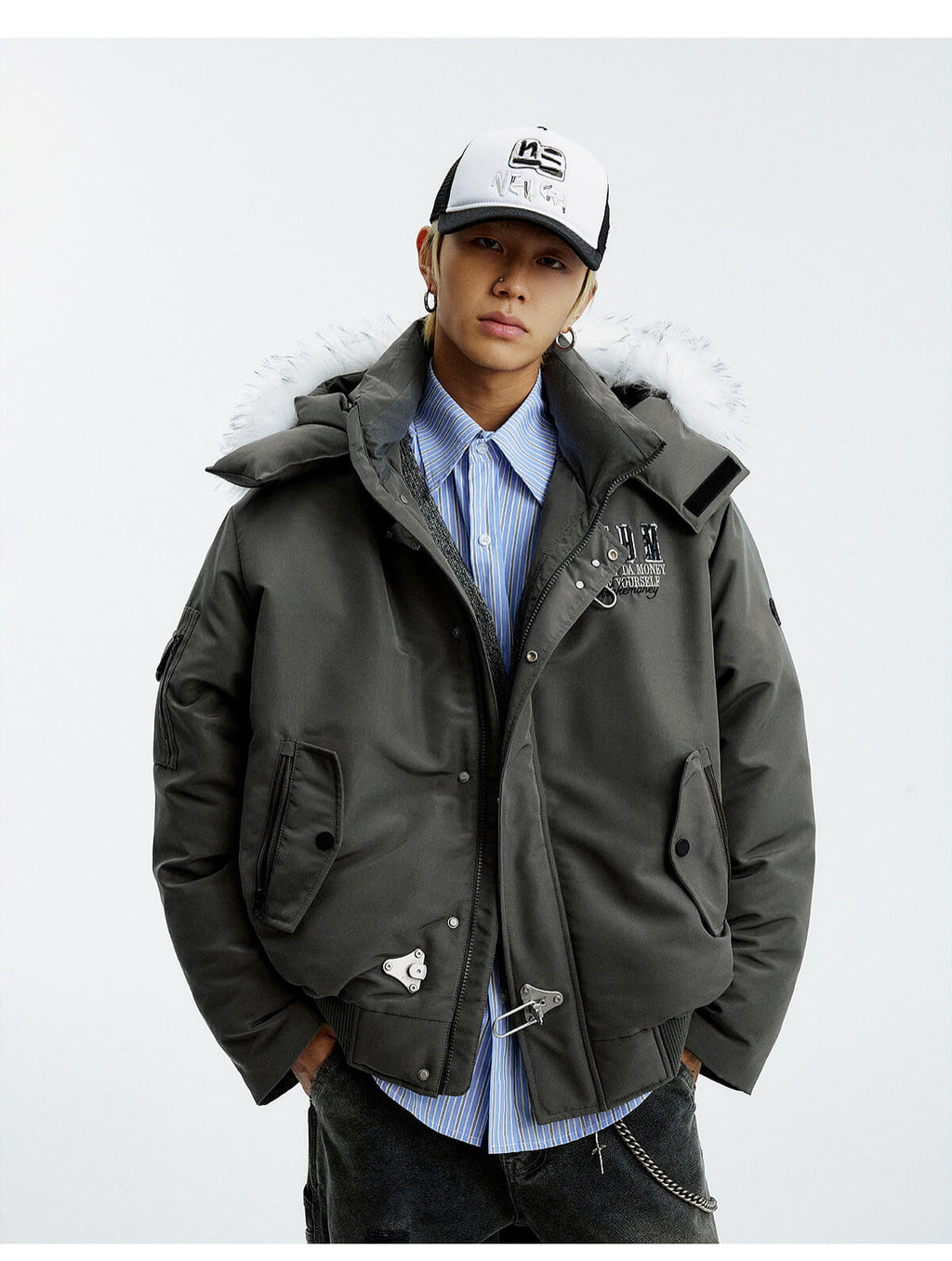 MEDM Detachable Fur Metal Snaps Down Jacket