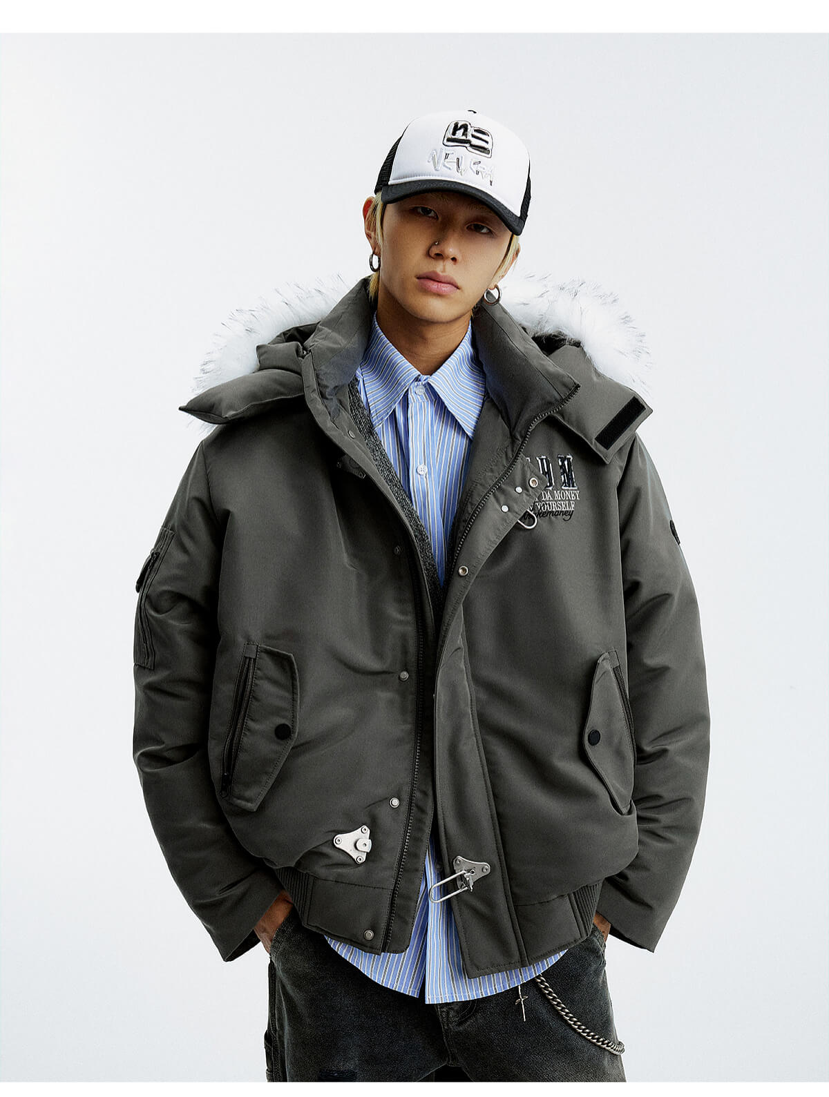 MEDM Detachable Fur Metal Snaps Down Jacket