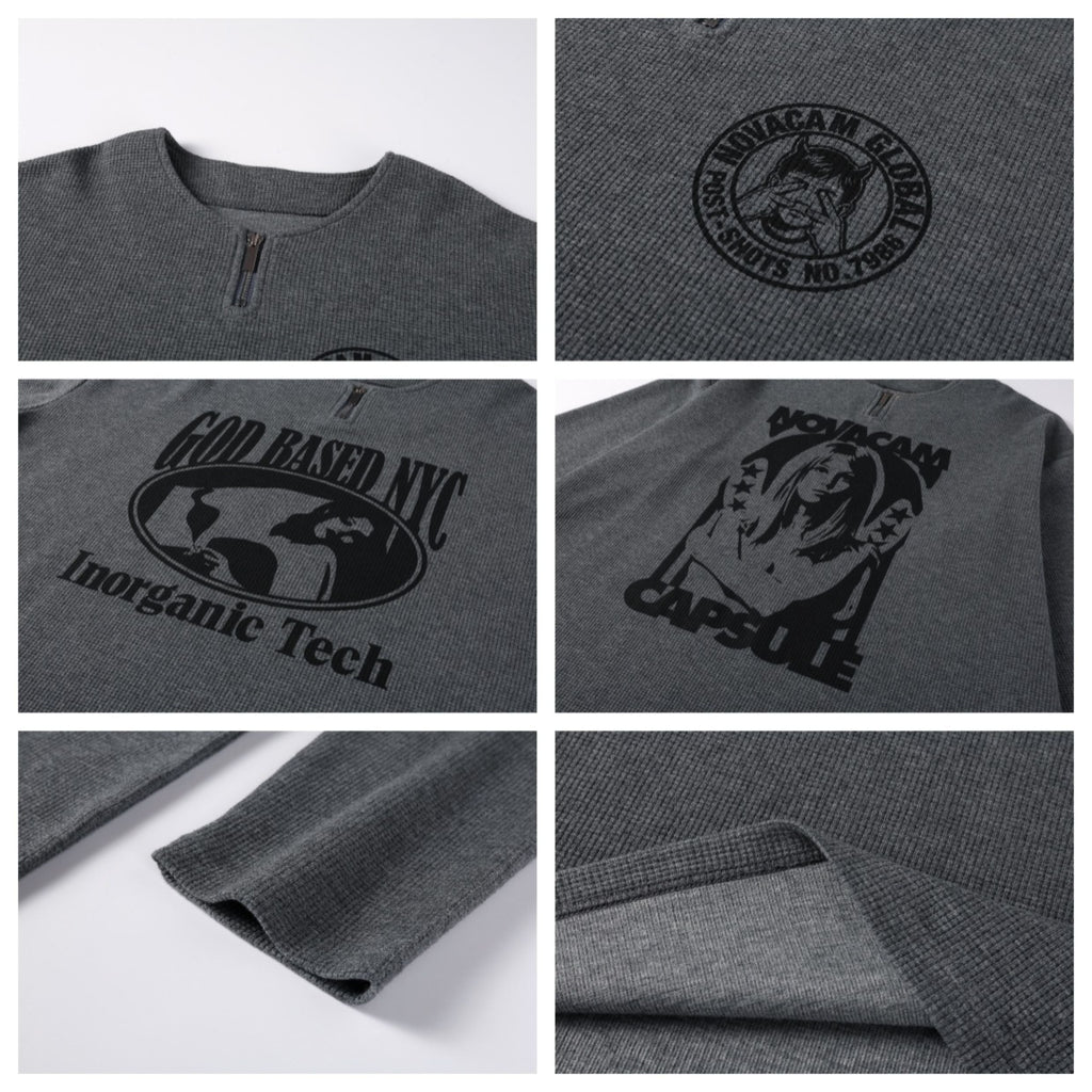 NOVACAM Waffle Vintage Print Zip Long Sleeve Tee