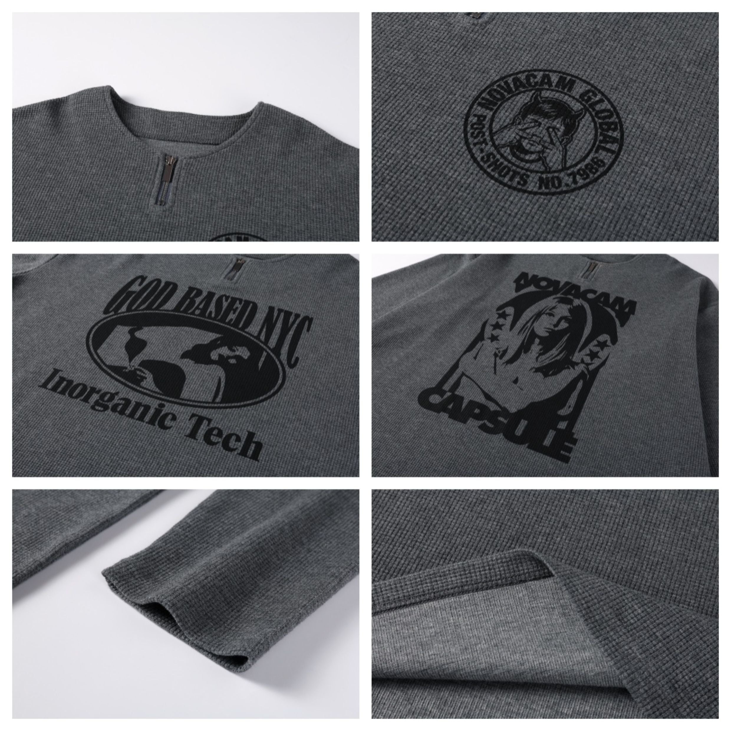 NOVACAM Waffle Vintage Print Zip Long Sleeve Tee