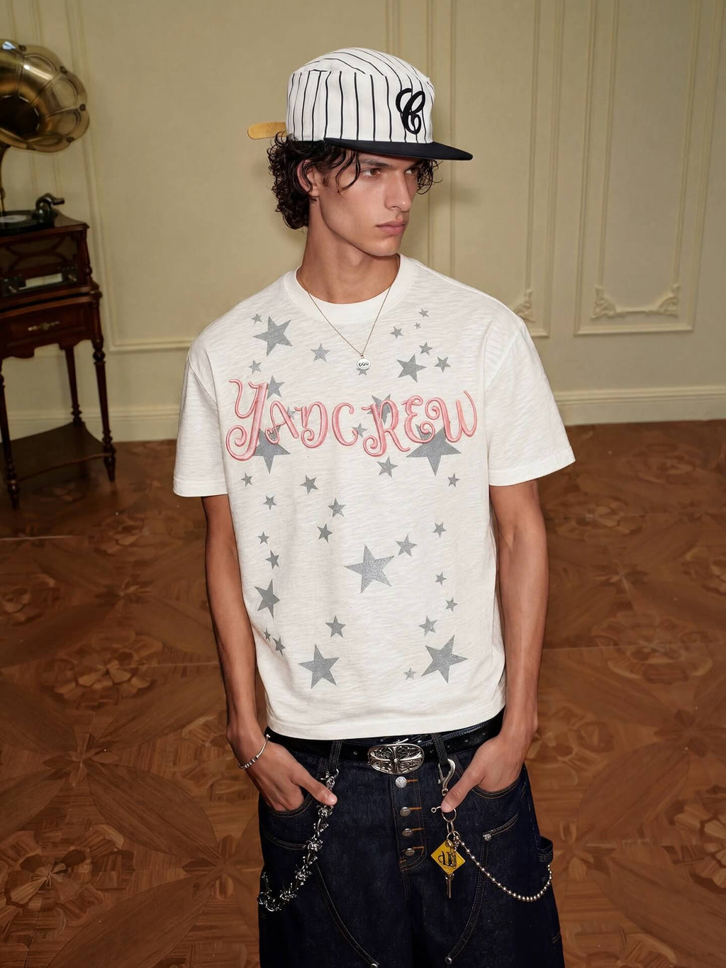 YADcrew Star Print 3D Logo Embroidered Tee