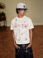 YADcrew Star Print 3D Logo Embroidered Tee