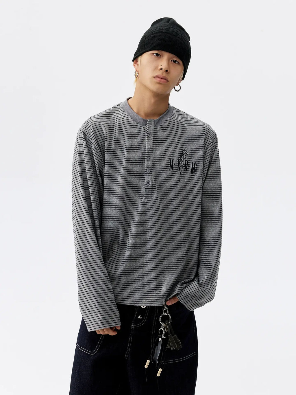 MEDM Rose Embroidered Striped Henley Long Sleeve Tee