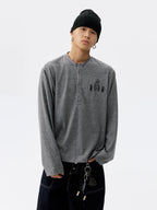 MEDM Rose Embroidered Striped Henley Long Sleeve Tee