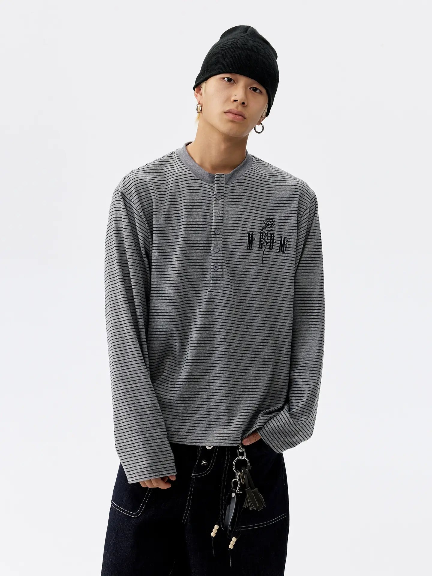 MEDM Rose Embroidered Striped Henley Long Sleeve Tee
