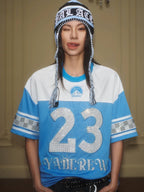 YADcrew Rhinestone Digital Checkered Numbering Mesh Tee