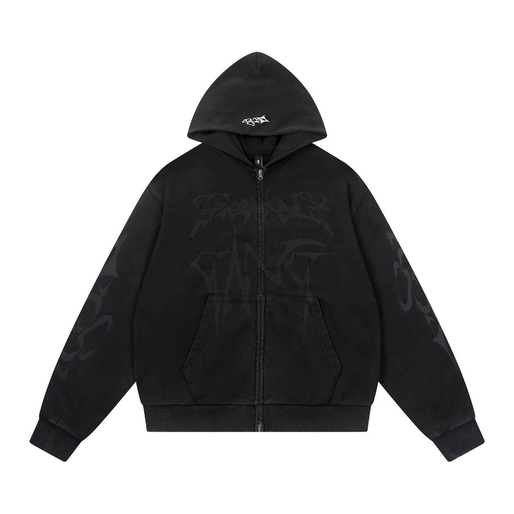 1807 Handcrafted Distressed Print Zip Up Hoodie