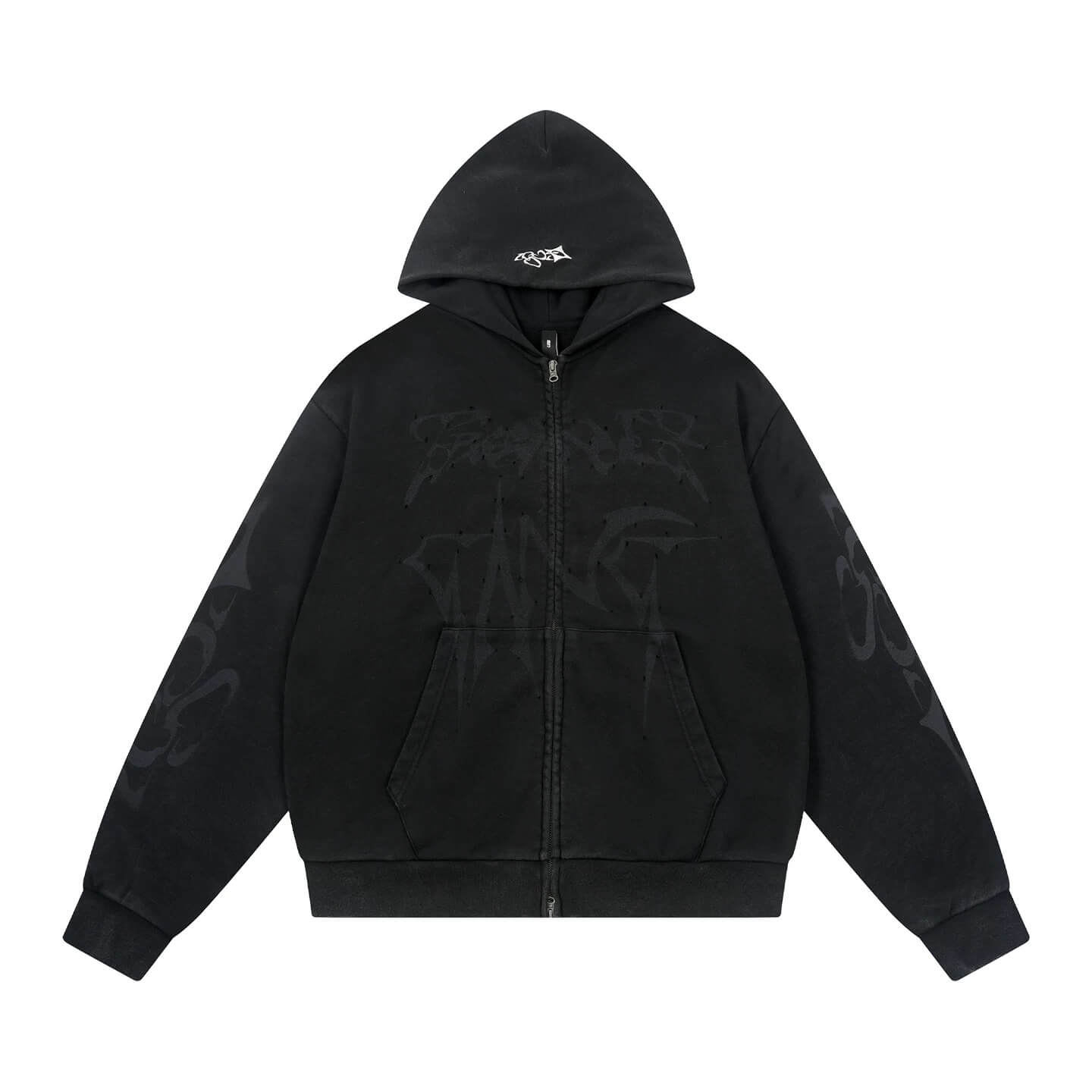 1807 Handcrafted Distressed Print Zip Up Hoodie