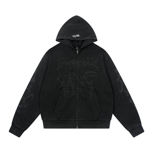 1807 Handcrafted Distressed Print Zip Up Hoodie