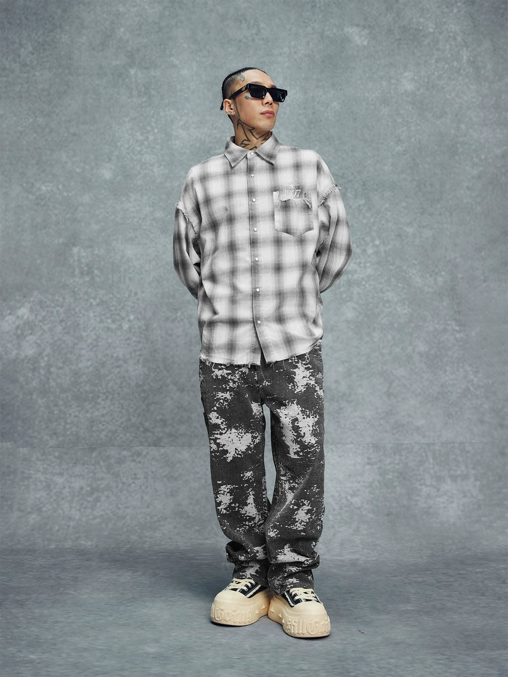 1807 Plaid Distressed Long Sleeve Shirt