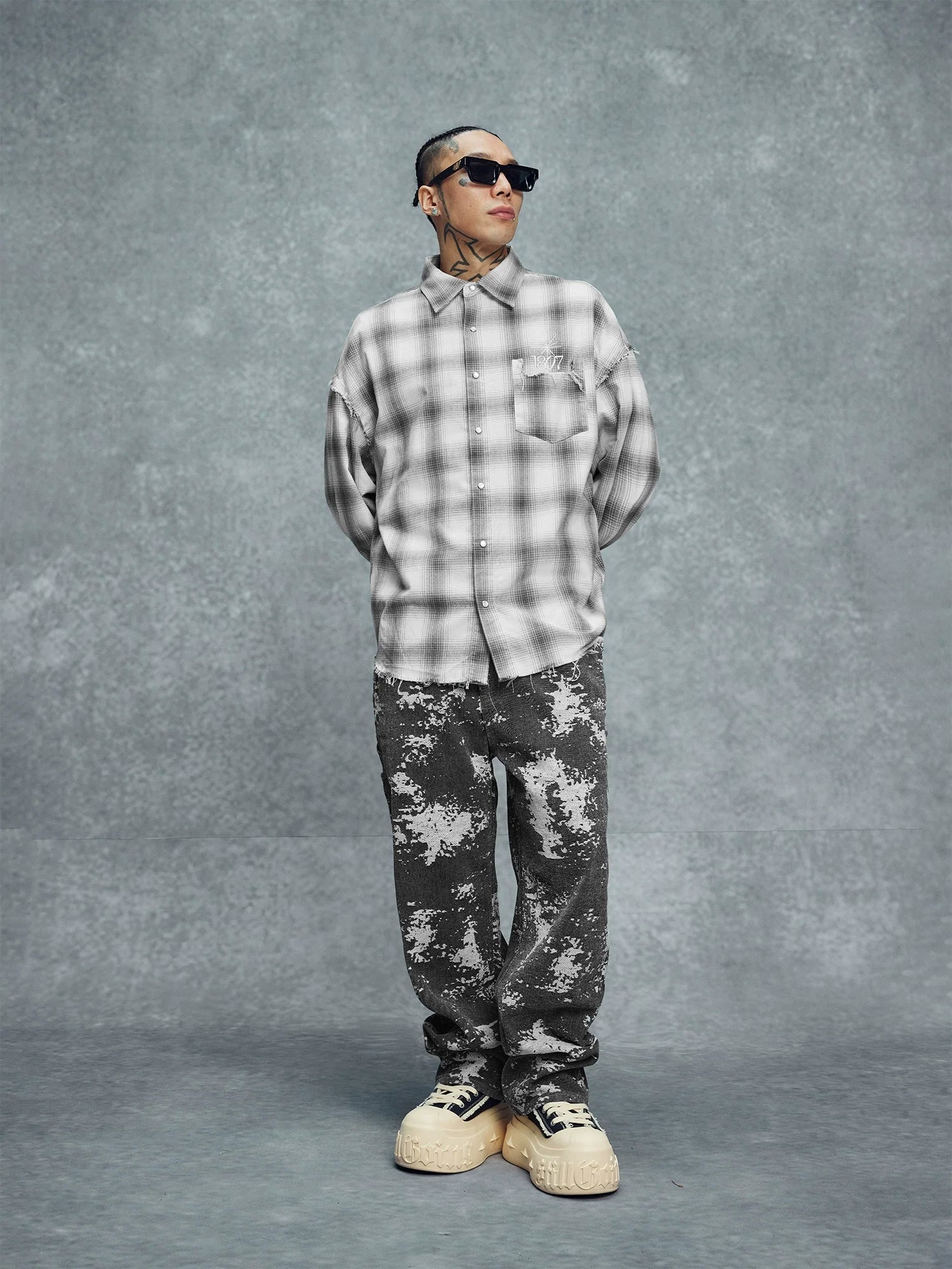 1807 Plaid Distressed Long Sleeve Shirt