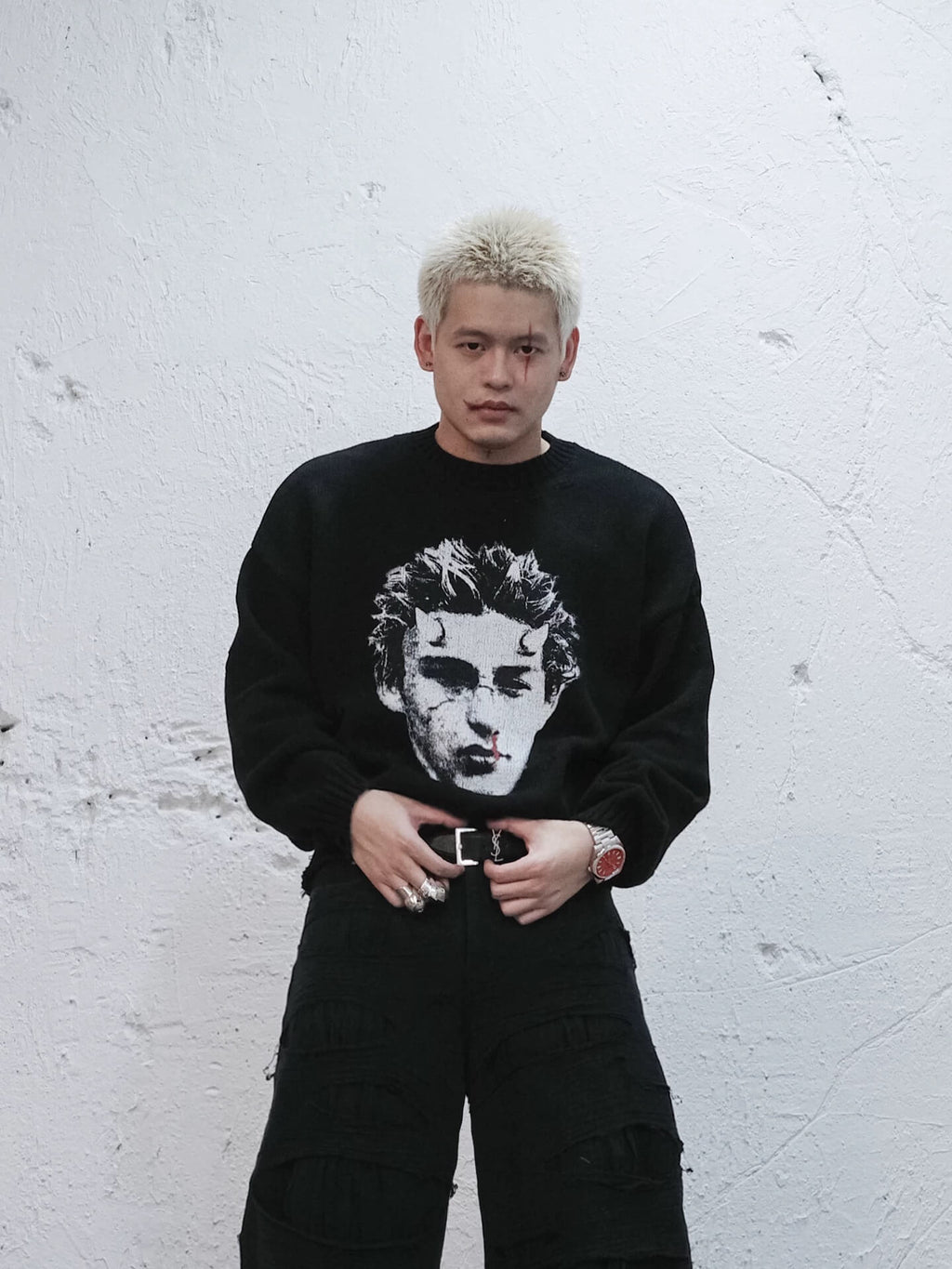 UNDERWATER Demon Digital Print Distressed Knit Sweater