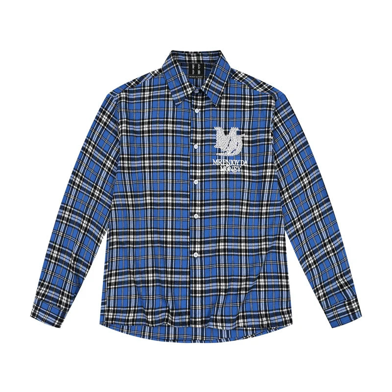 MEDM Blue Pearl Embroidery Plaid Long Sleeve Shirt