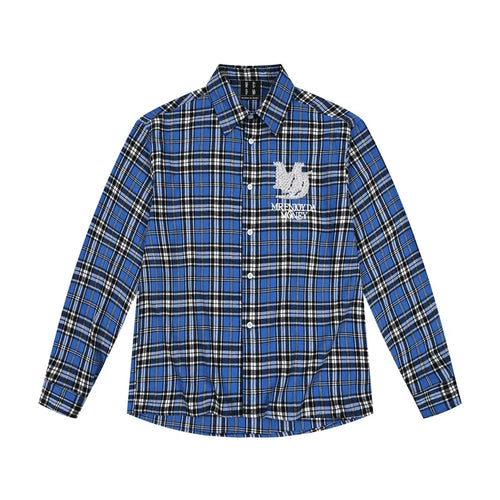 MEDM Blue Pearl Embroidery Plaid Long Sleeve Shirt
