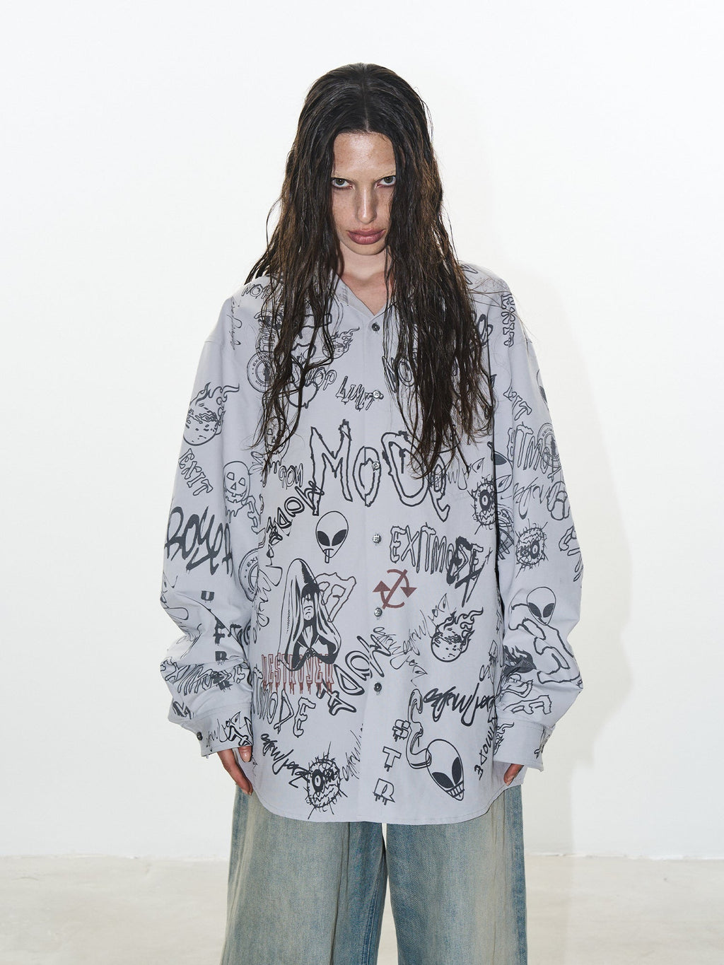BLIND NO PLAN Graffiti Digital Print Long Sleeve Shirt