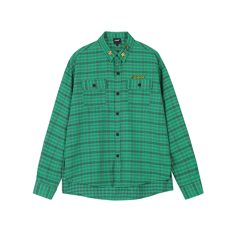 Achock Color Blocking Logo Embroidery Plaid Long Sleeve Shirt