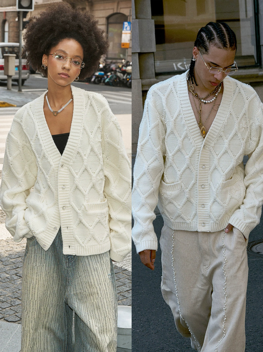 STEEPC Wool Blend Diamond Cable Knit Pearl Cardigan
