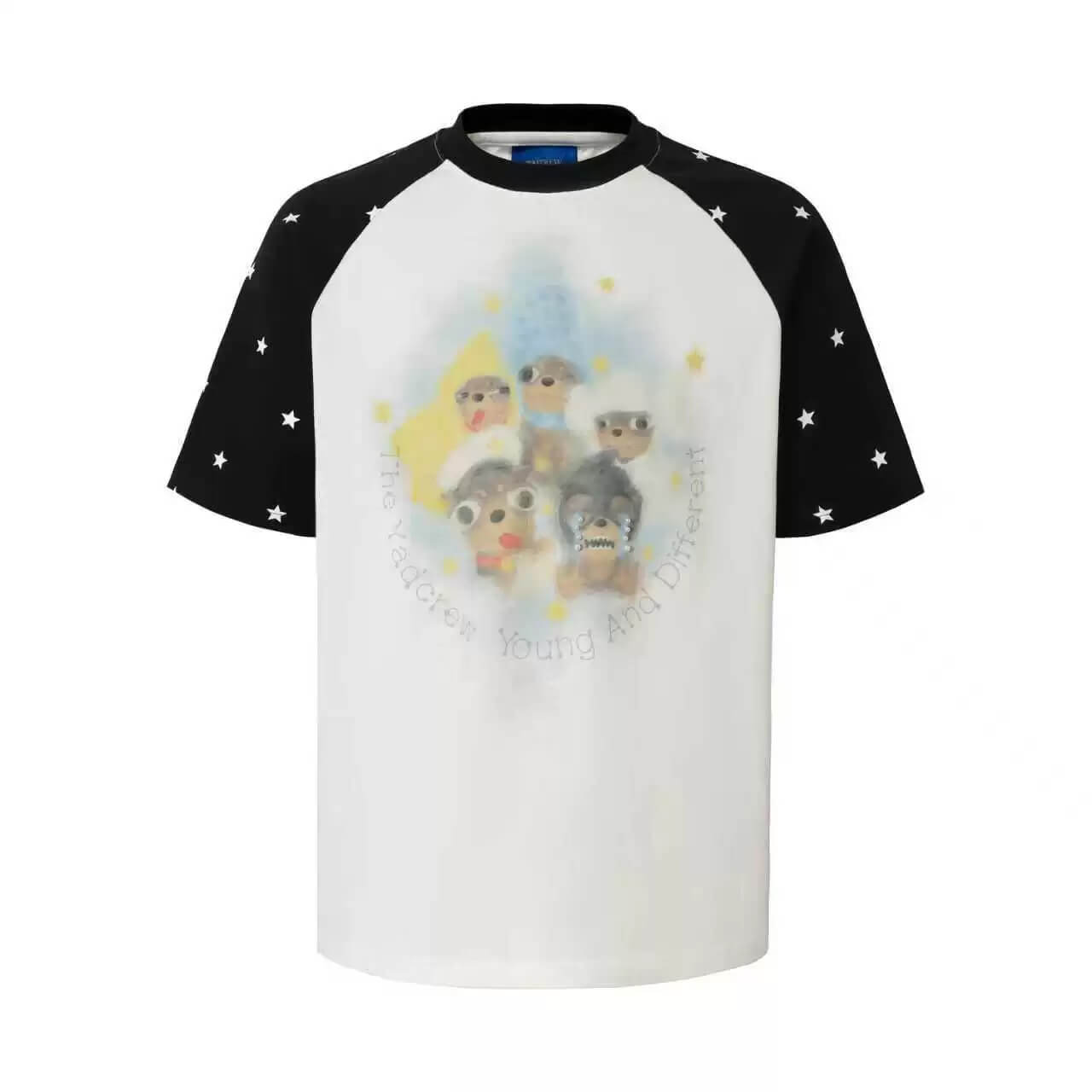 YADcrew Cartoon Dog Print Star Raglan Color Block Tee