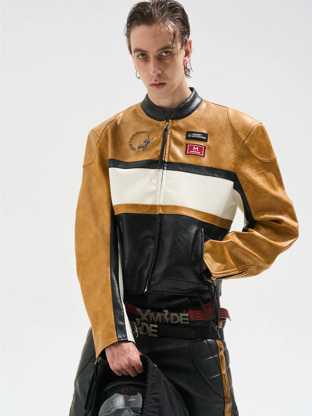 BLIND NO PLAN Color Block Short Racing Leather Jacket