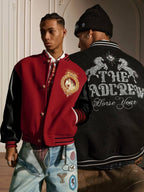 YADcrew Horse Sequin Pearl Embroidered Varsity Jacket