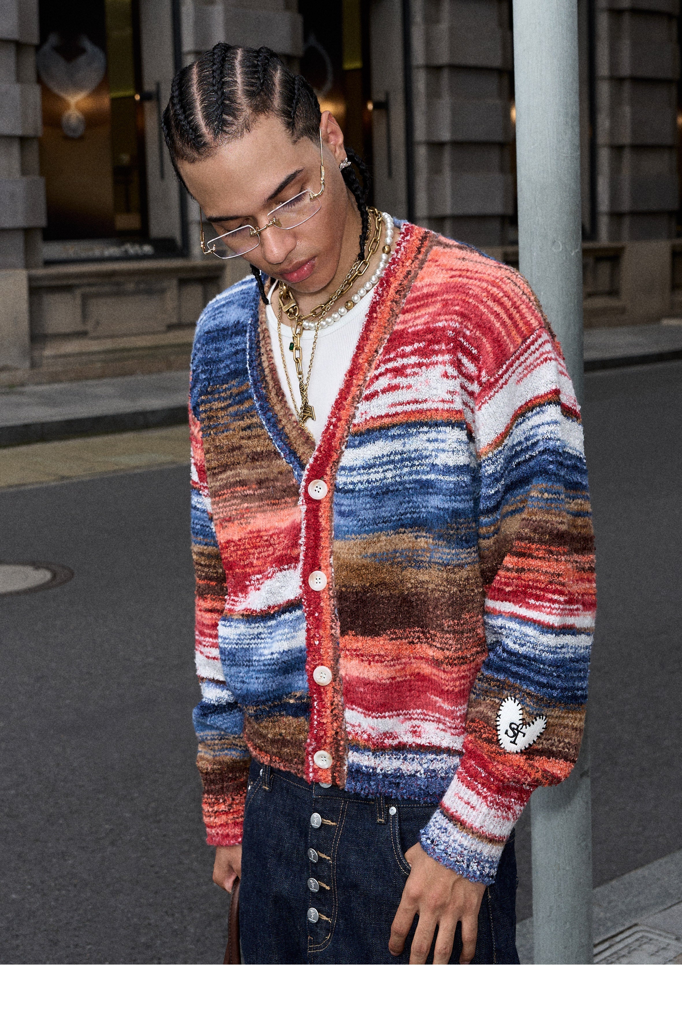 STEEPC Multicolor Gradient Heart Patch Knit Cardigan