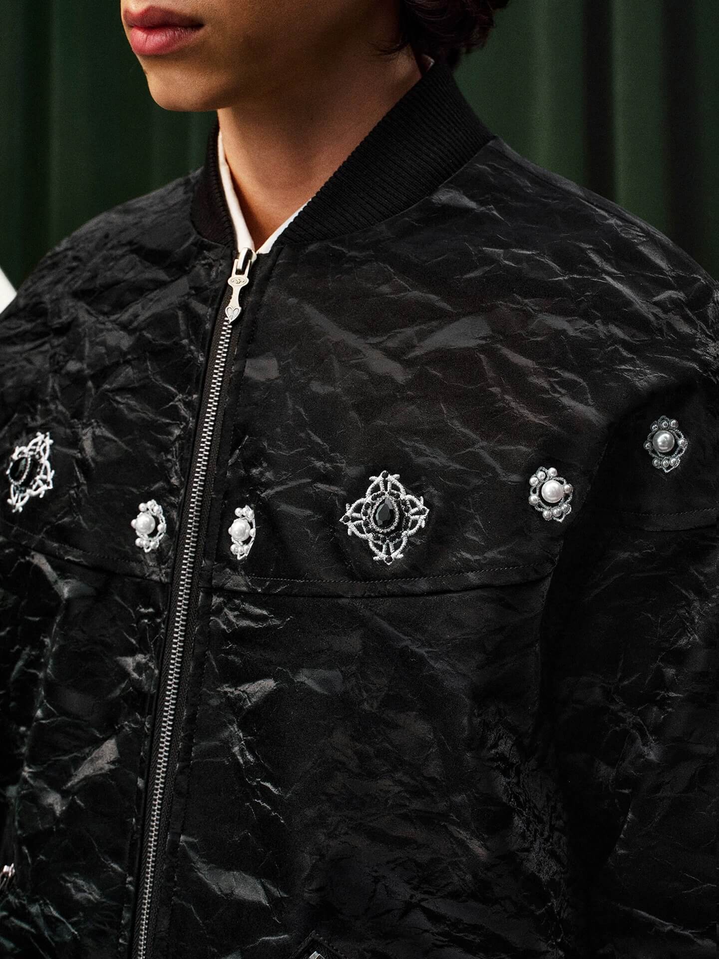 YADcrew Velvet PU Leather Pearl Jewelry Bomber Jacket
