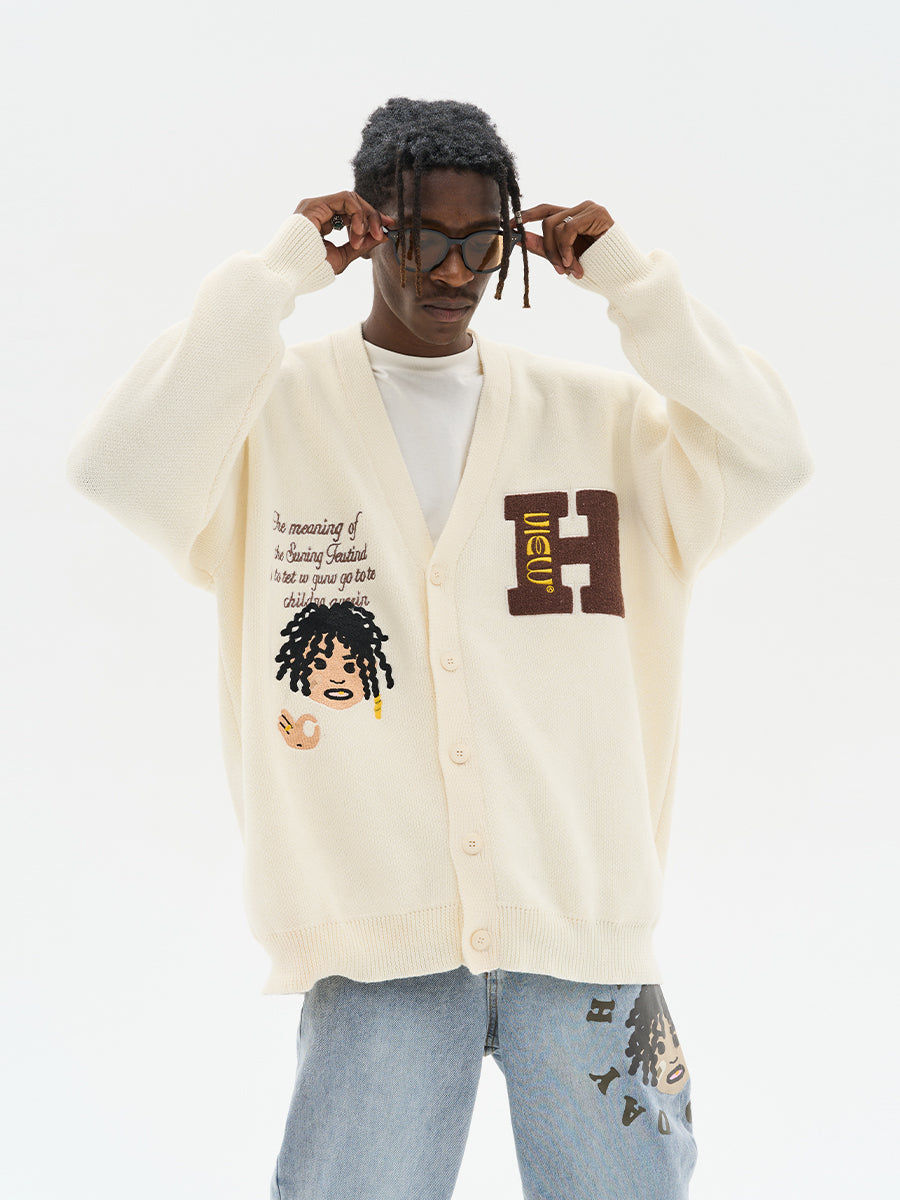 Harsh and Cruel Cartoon Face Knit Sweater Cardigan