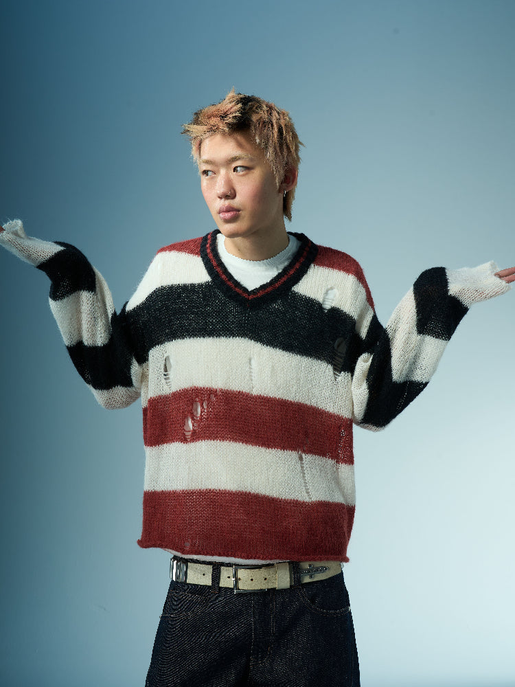 EVILKNIGHT(EK) Striped Colorblocking Distressed V-Neck Knit Sweater