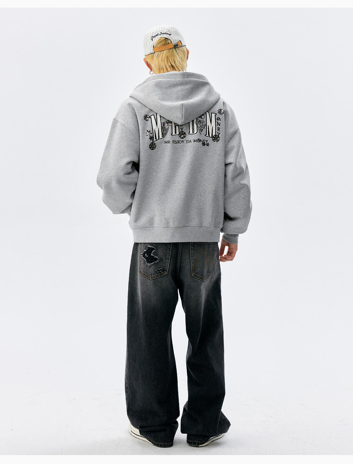 MEDM Beaded Flower Embellished Zip Up Hoodie