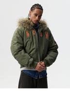 MEDM Animal Logo Patch Fur Hooded Bomber Jacket