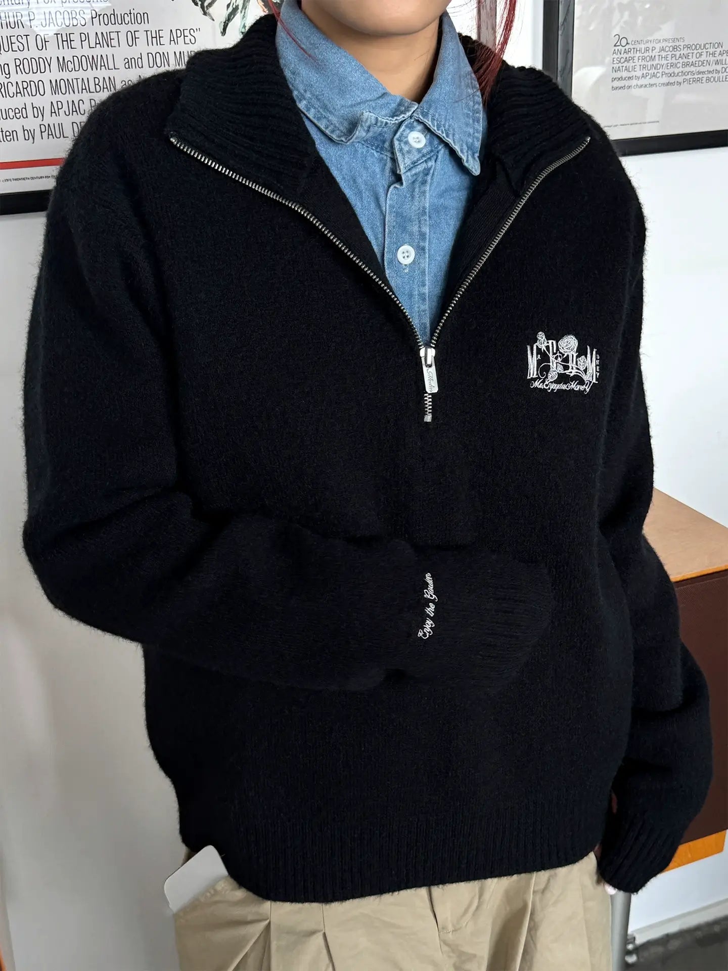 MEDM Rose Embroidered Half Zip Knit Sweater