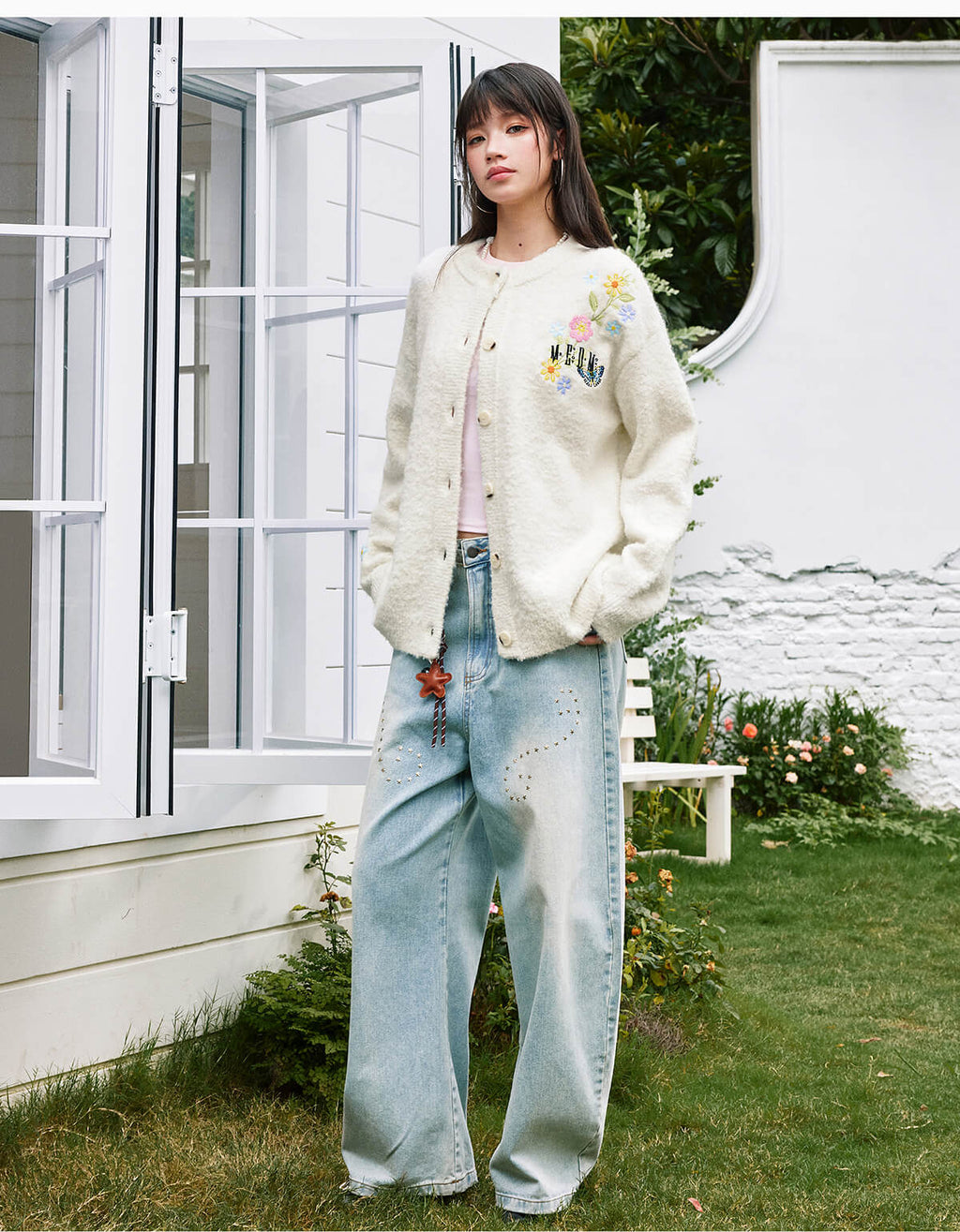 MEDM Floral Vine Embroidered Knit Cardigan