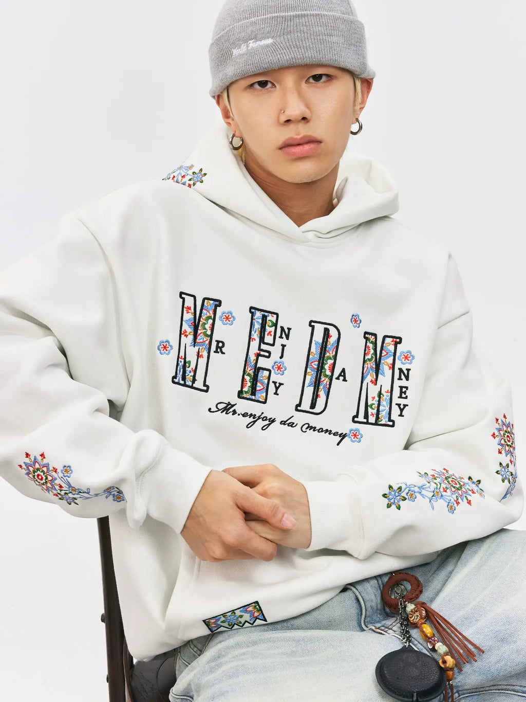 MEDM Ethnic Flower Embroidered Hoodie