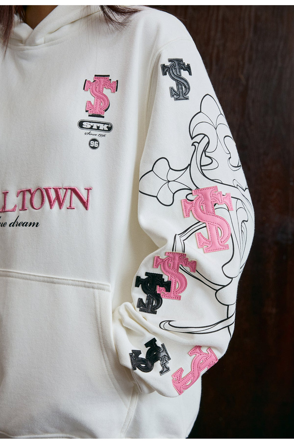 Small Town Kid Cross Print Patch Logo Leather Hoodie