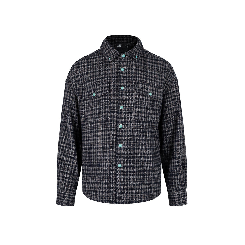 S45 Turquoise Button Plaid Long Sleeve Shirt