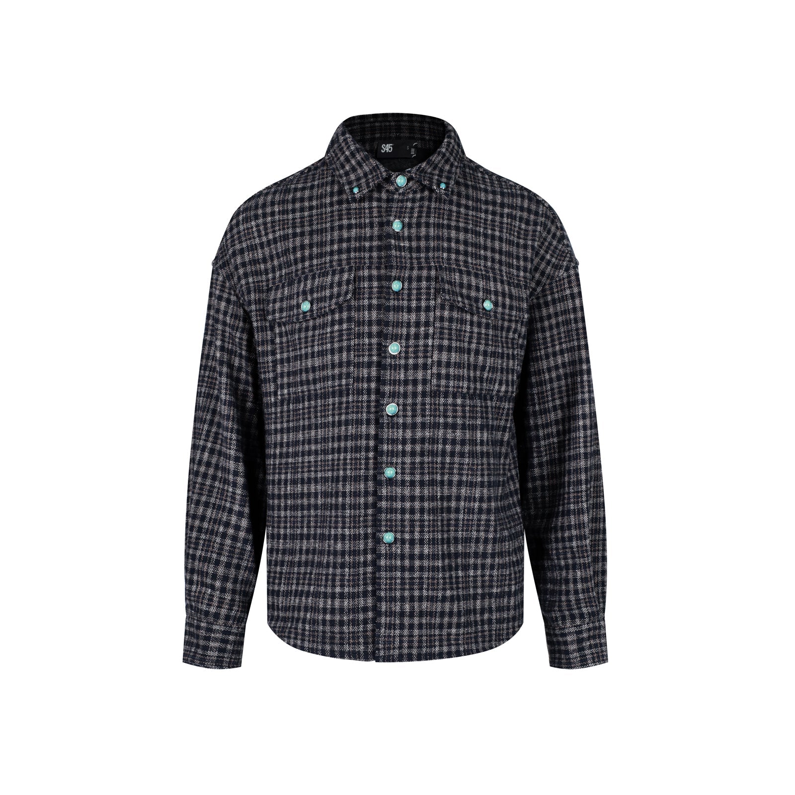 S45 Turquoise Button Plaid Long Sleeve Shirt