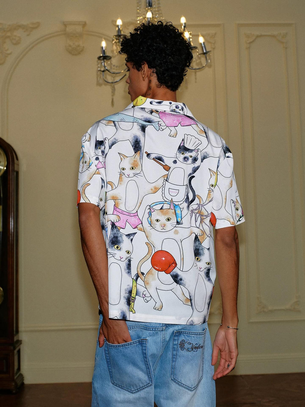 YADcrew All Over Cat Print Short Sleeve Shirt