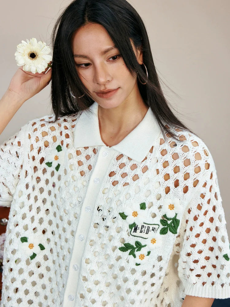 MEDM Flower Embroidery Open Knit Short Sleeve Shirt