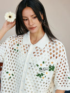 MEDM Flower Embroidery Open Knit Short Sleeve Shirt