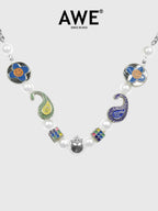 AWE Cross Petal Skull Smiley Face Pearl Necklace