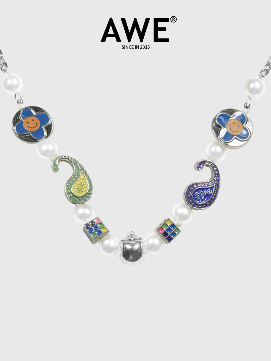 AWE Cross Petal Skull Smiley Face Pearl Necklace