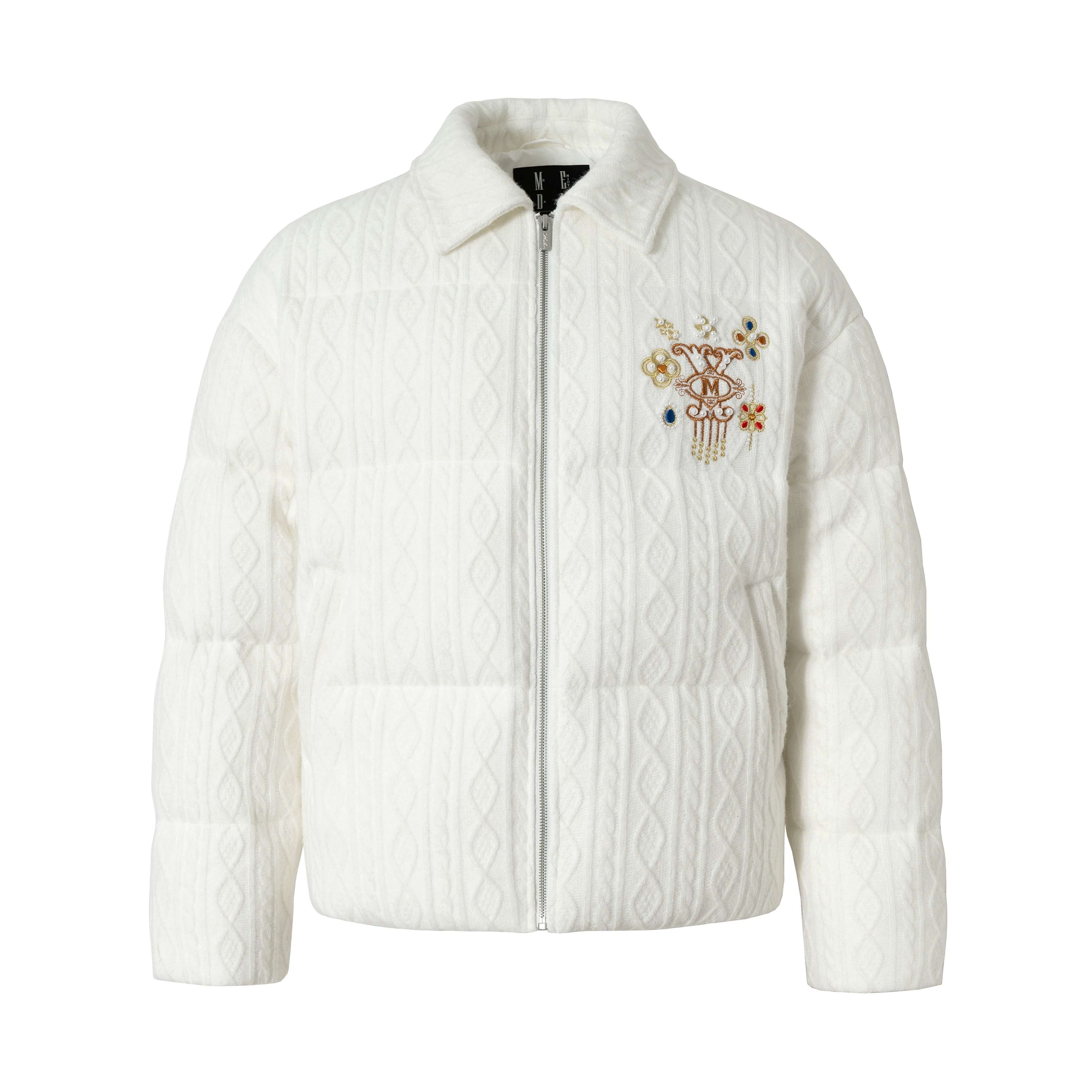 YADcrew x MEDM Cable Knit Pearl Embroidered Puffer Jacket