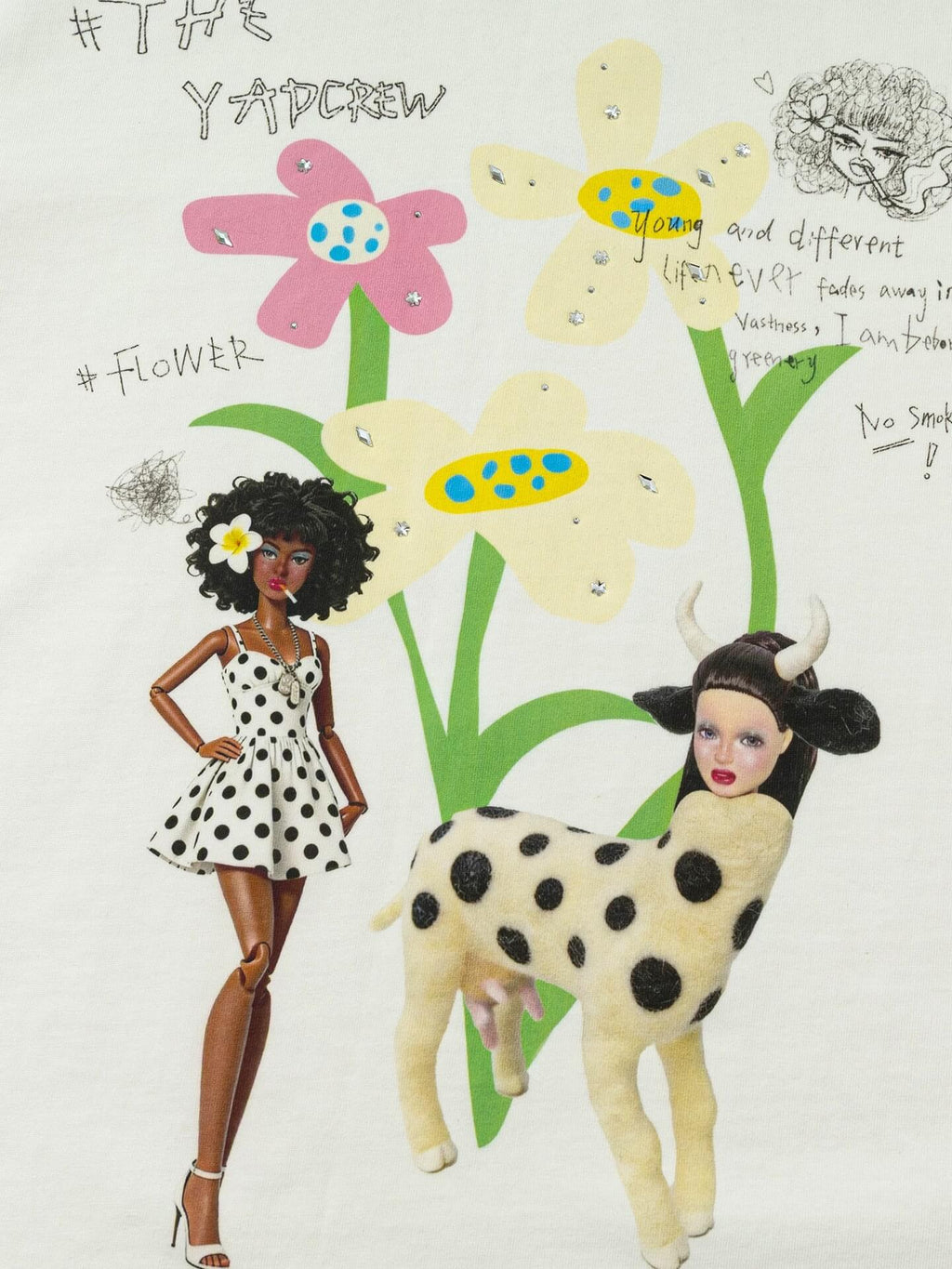YADcrew Doll and Flower Art Print Rhinestone Tee
