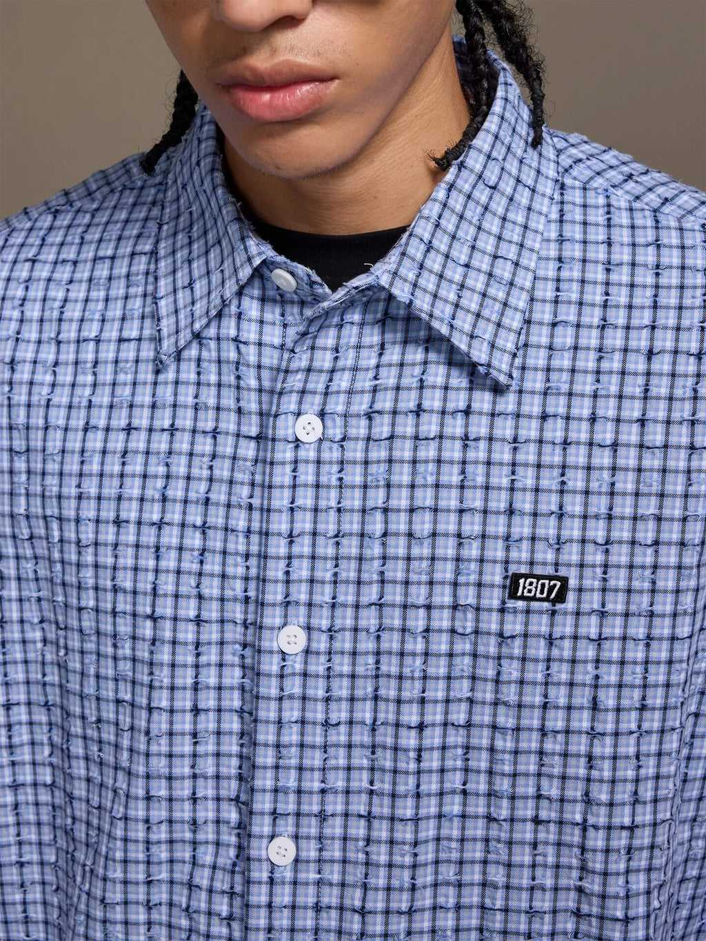 1807 Small Logo Plaid Perforated Long Sleeve Shirt