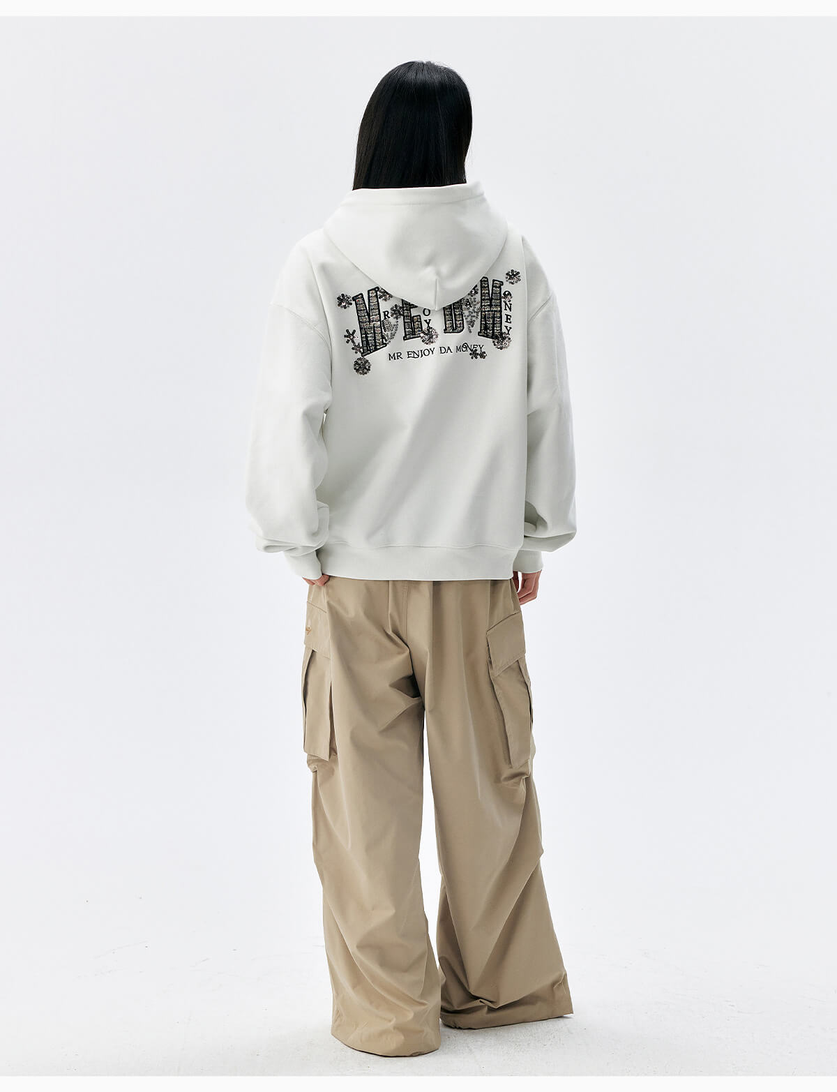 MEDM Beaded Flower Embellished Zip Up Hoodie