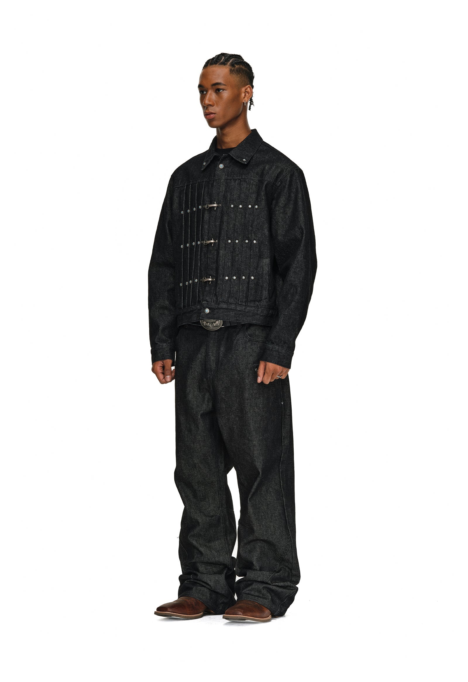 ANTIDOTE Turquoise Studded Pleated Buckle Denim Jacket