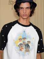 YADcrew Cartoon Dog Print Star Raglan Color Block Tee