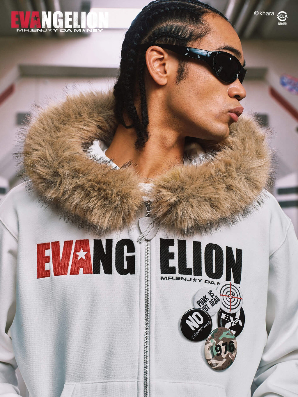 MEDM x EVA NEVER END Character Print Logo Embroidered Fur Hood Zip Up Hoodie
