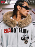 MEDM x EVA NEVER END Character Print Logo Embroidered Fur Hood Zip Up Hoodie